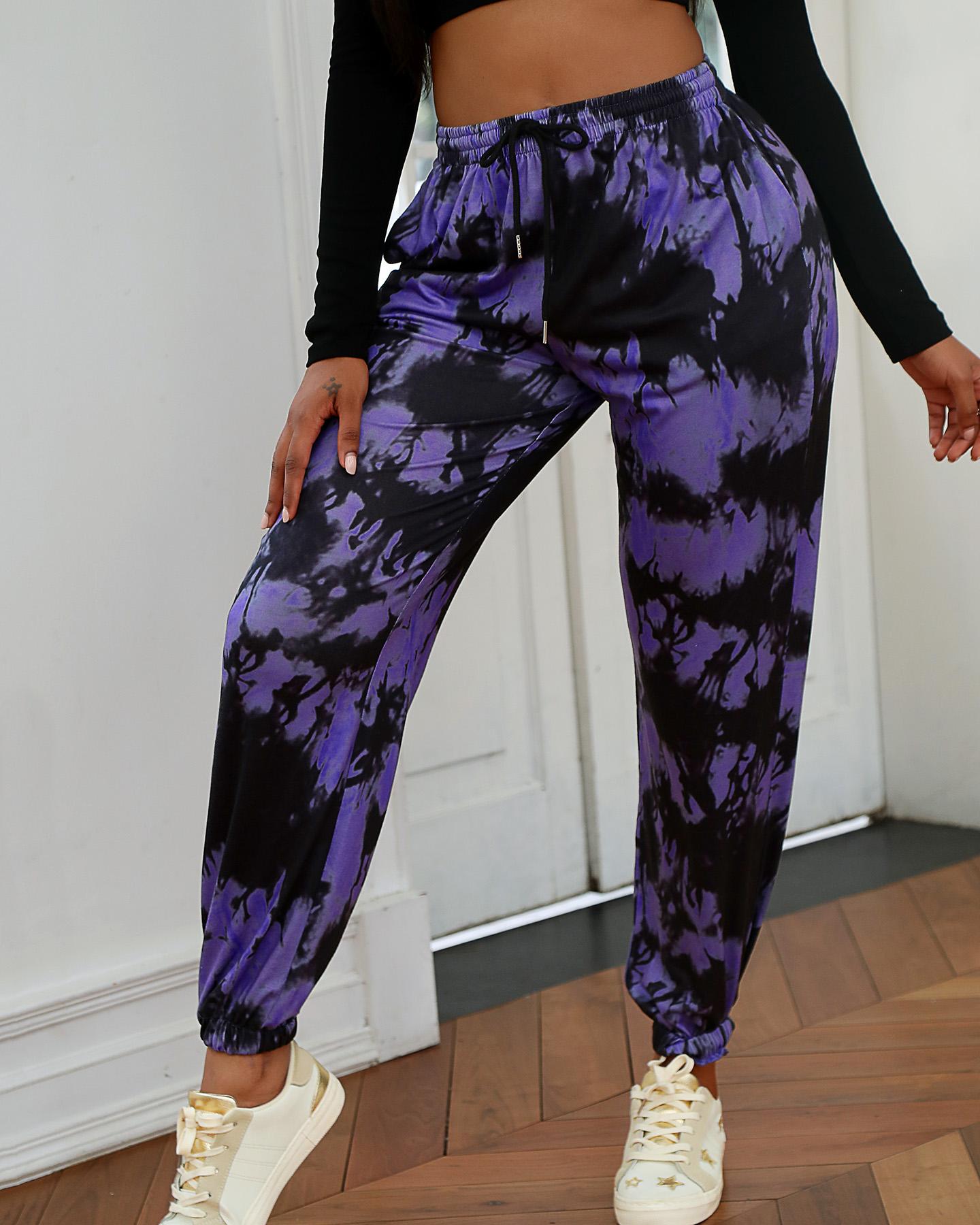 

Tie Dye Print Drawstring Casual Pants, Purple