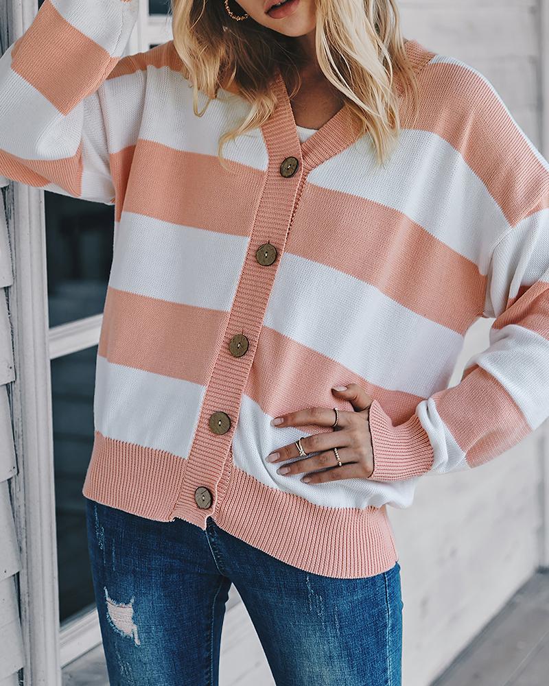 

Colorblock Button Design Casual Top, Pink