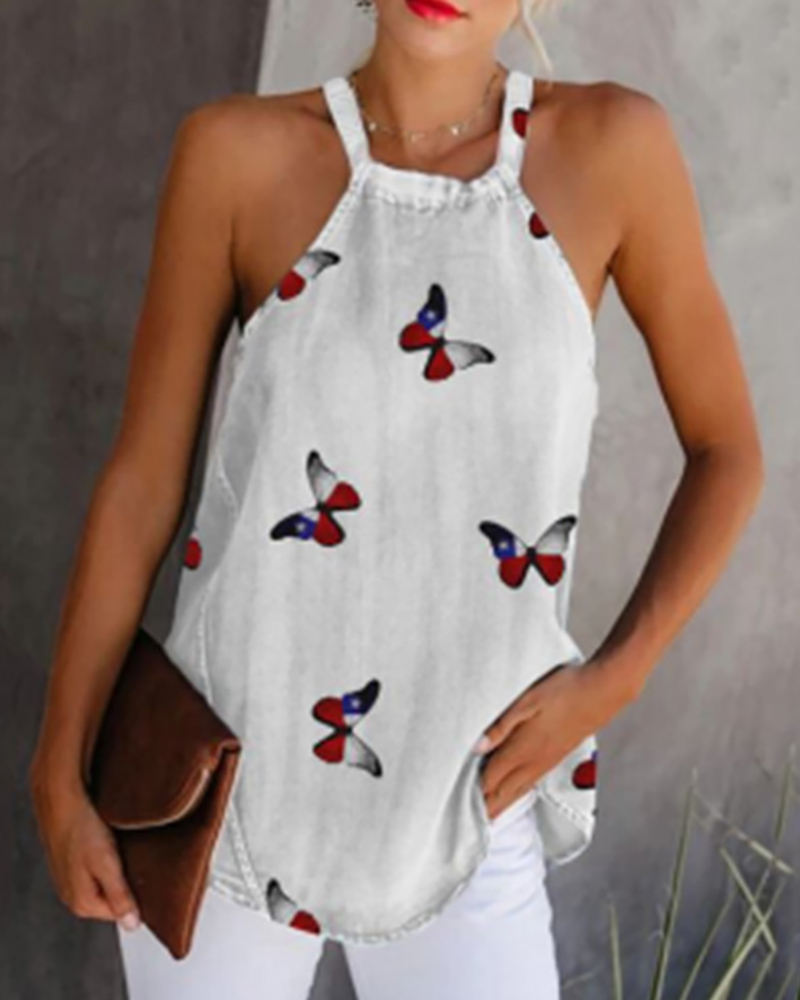 

Halter Butterfly / Tie Dye Print Casual Tank Top, White