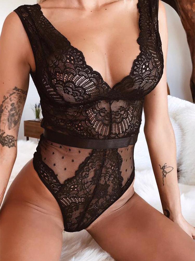 

See Through Lace Teddy Bodysuit, Black