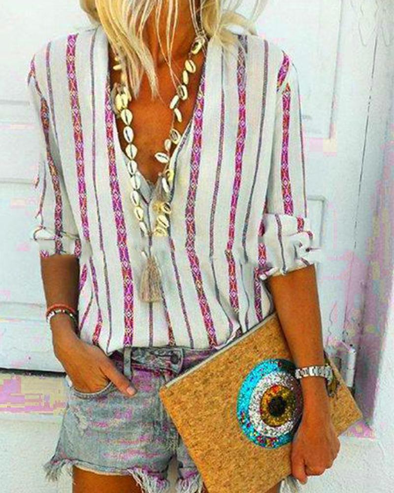 

Striped V-Neck Shirt, Pink