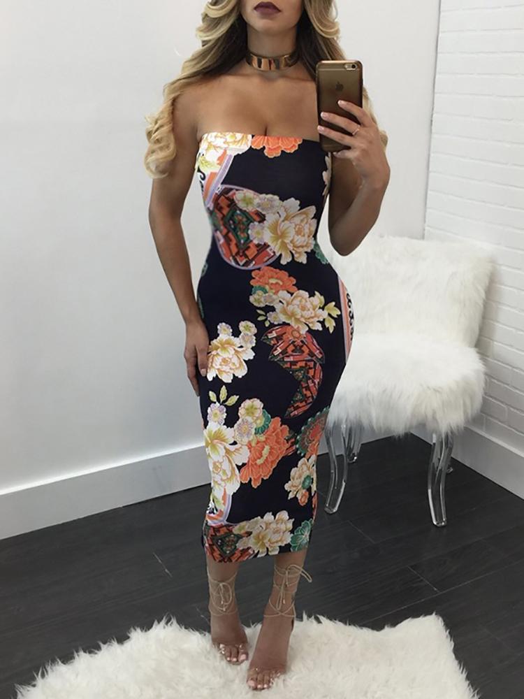 

Vintage Floral Print Strapless Bodycon Midi Dress, Black
