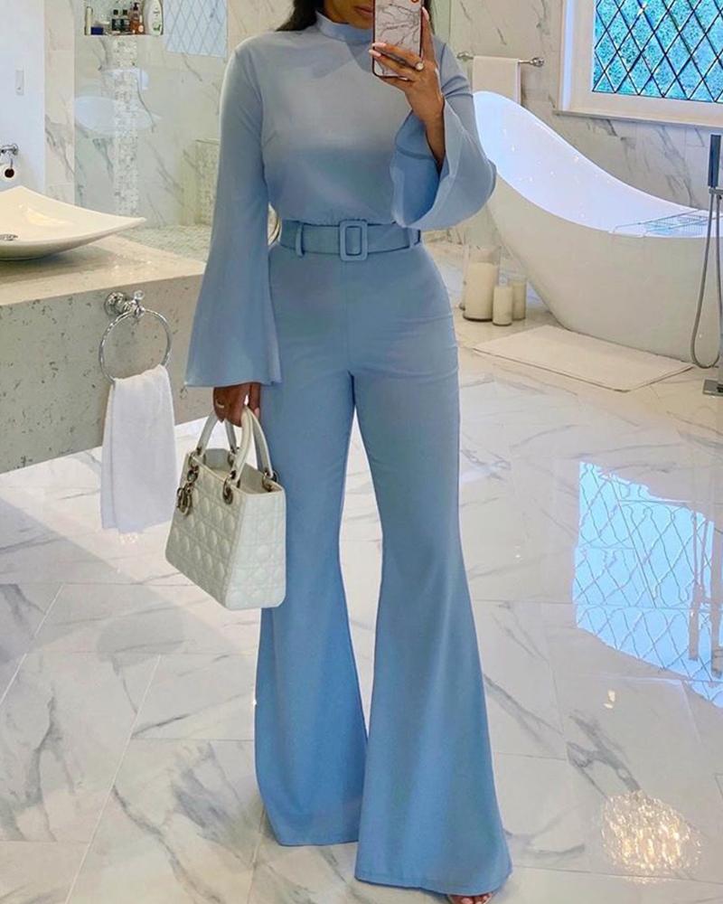 

Solid Flare Leg Belted Jumpsuit, Blue