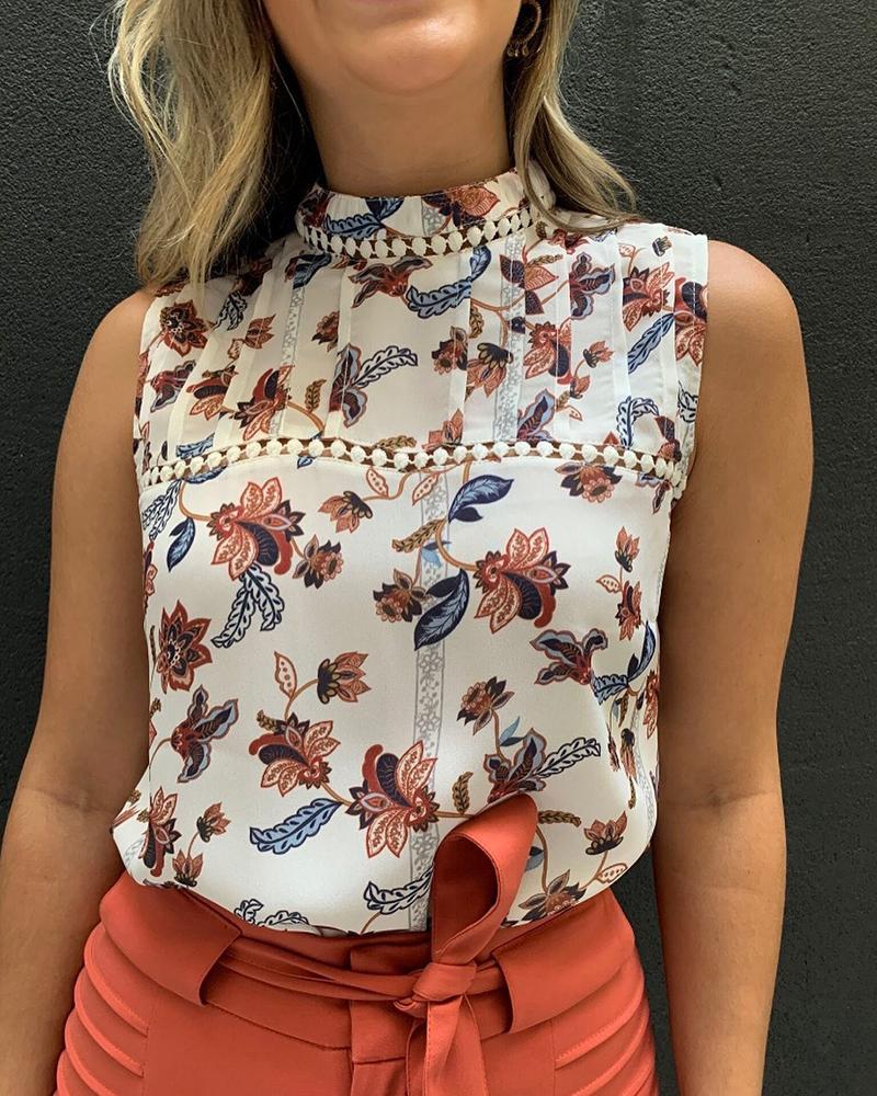 

Floral Print High Neck Sleeveless Top, White