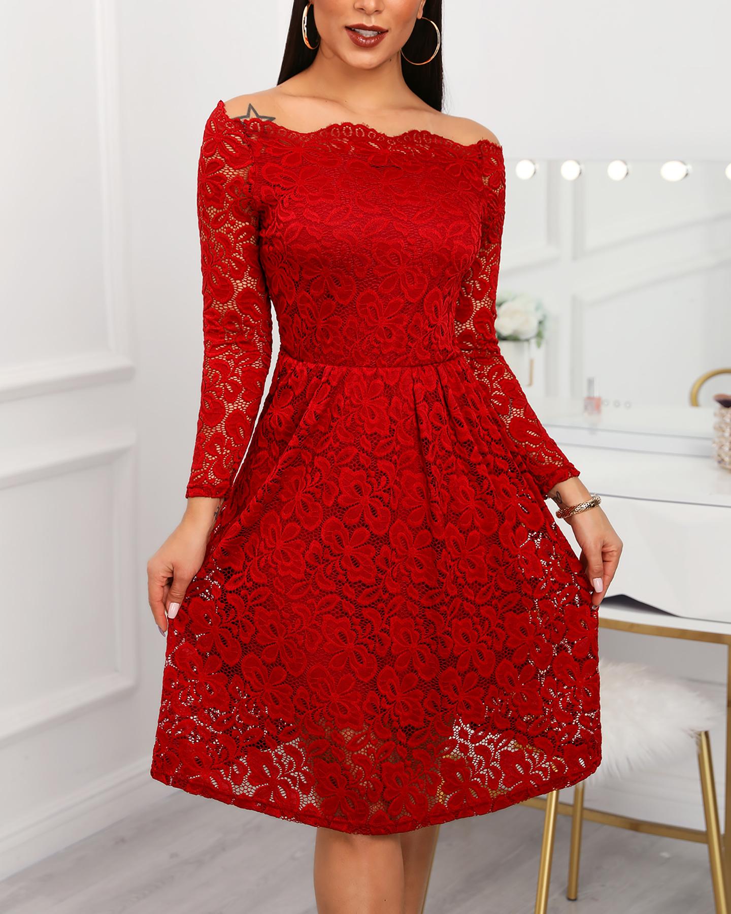 

Crochet Lace Ruffles Hem Dress, Red