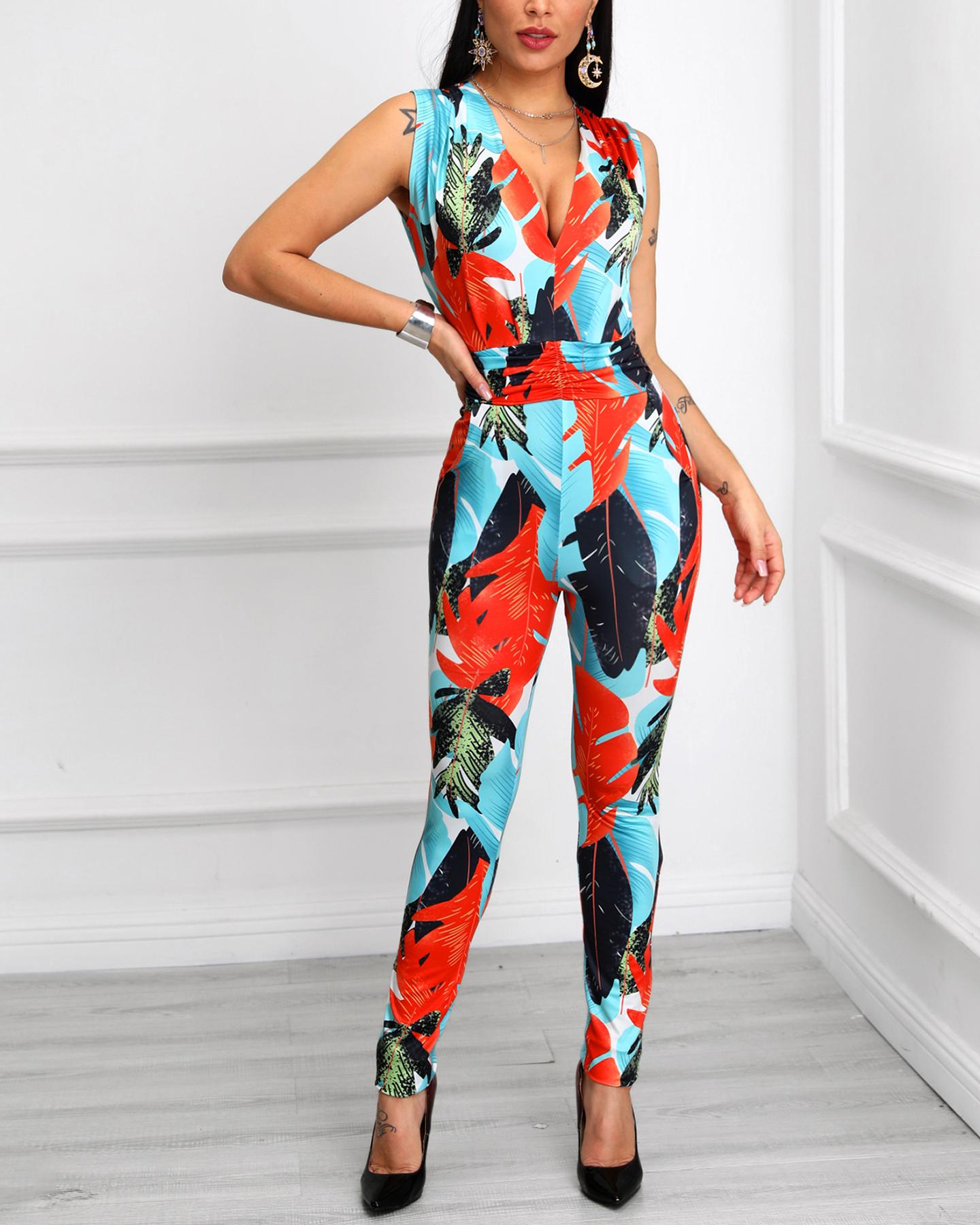 

Palm Leaf Print V-Neck Zipper Back Jumpsuit