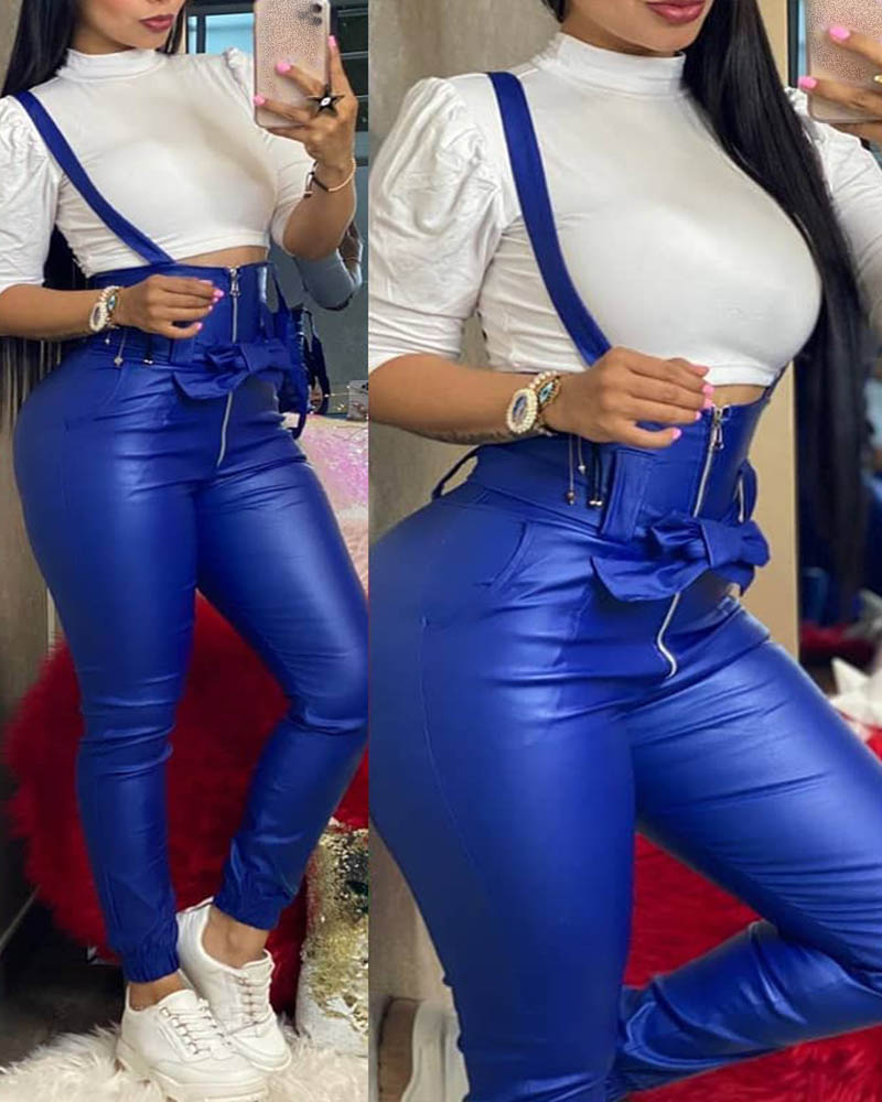 

High Waist Zipper Design Suspender PU Leather Jumpsuit, Blue