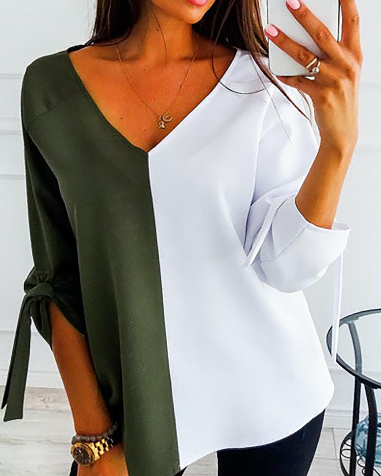 

Contrast Color Tied Sleeve Deep V Blouse