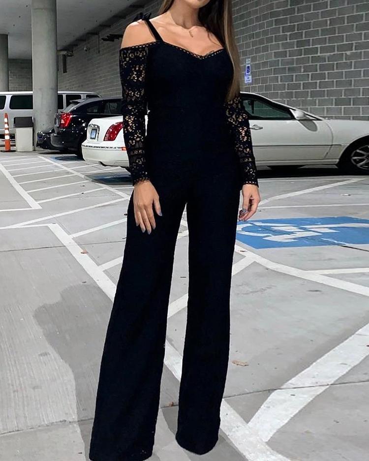 

Lace Splicing Cold Shoulder Jumpsuit, Black