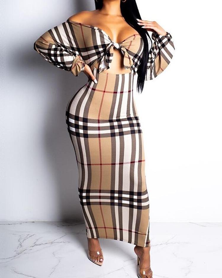 

Off Shoulder Knotted Cut Out Plaid Dress, Khaki
