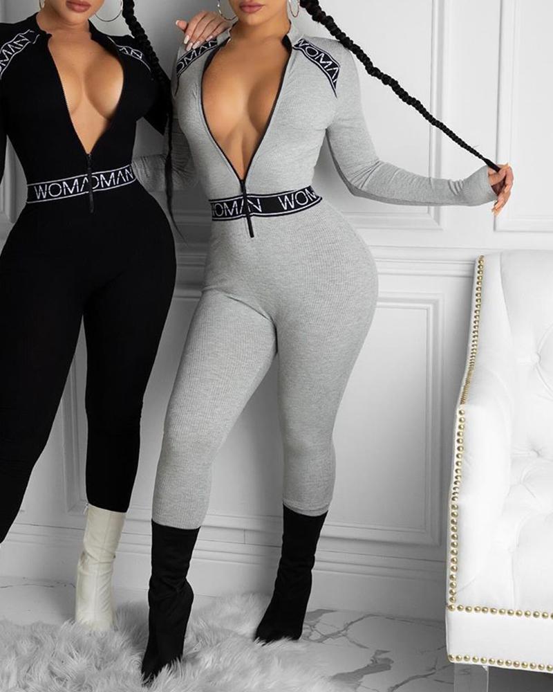 

Letter Print Zipper Design Ribbed Jumpsuit, Gray