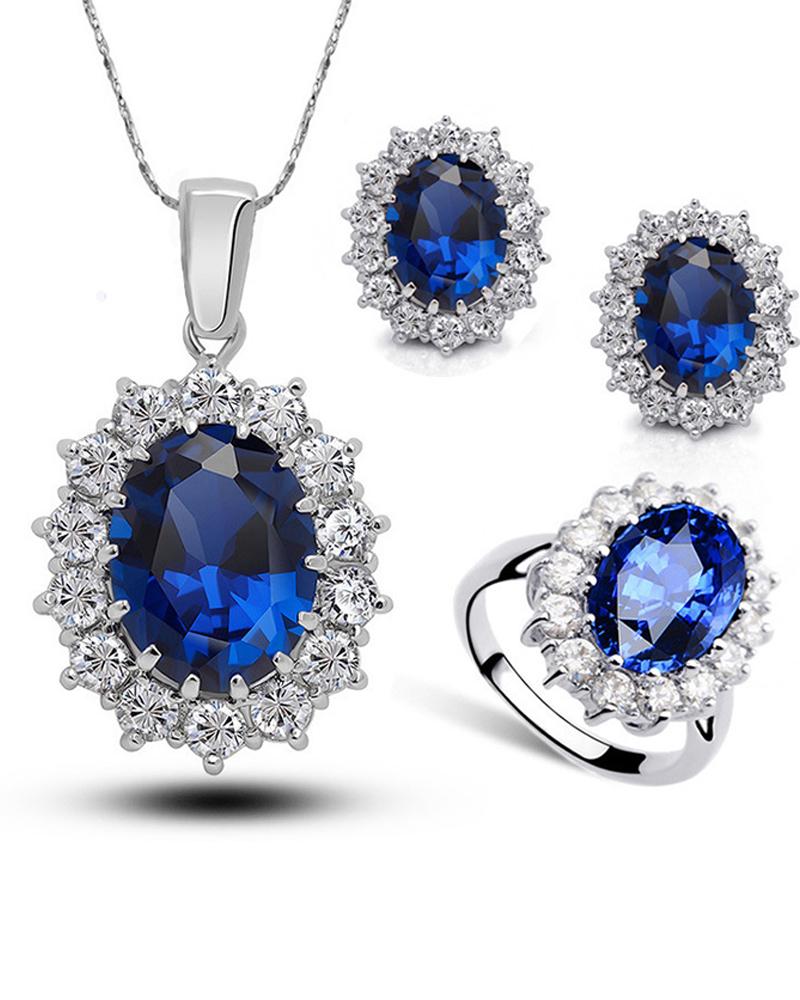 

4PCS Rhinestone Stud Pendant Necklace & Earrings & Ring Set, Dark blue