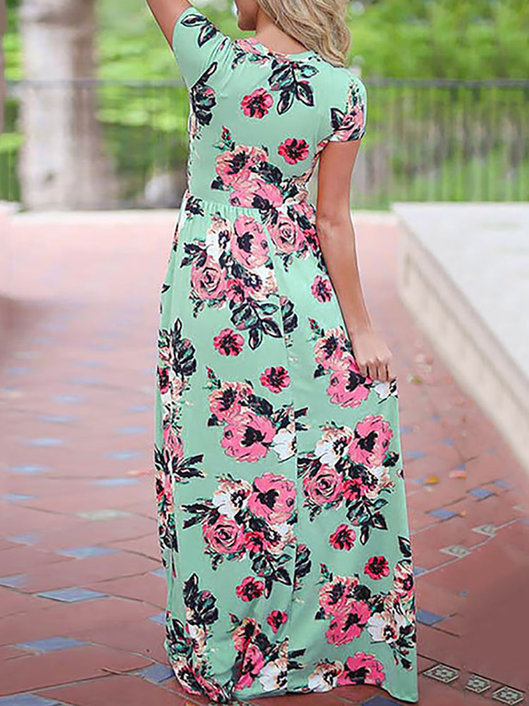 

Pleated Floral Print Pocket Design Casual Maxi Dress, Pink;green;white;black;dark blue