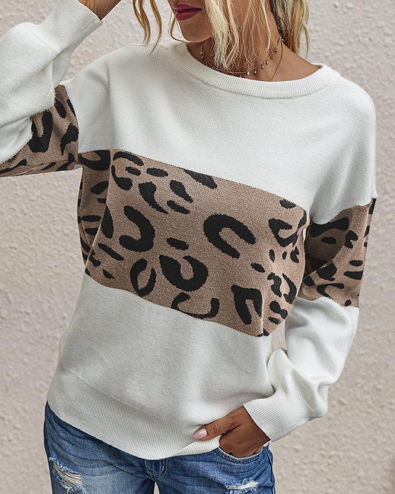 

Cheetah Print Colorblock Long Sleeve Casual Sweater, Khaki