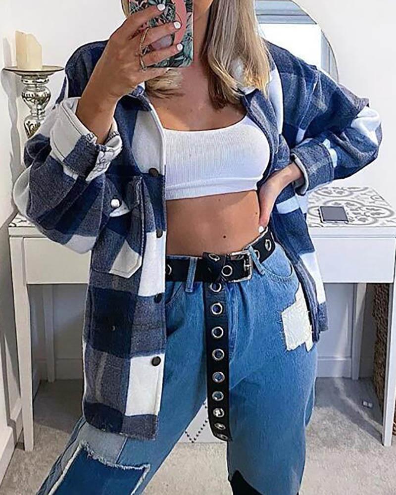 

Plaid Pocket Design Buttoned Casual Jacket, Blue