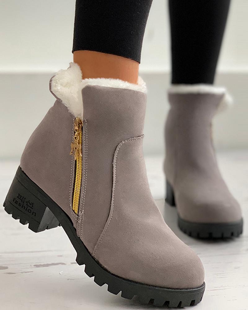 

Zipper Design Lined Chunky Boots, Gray