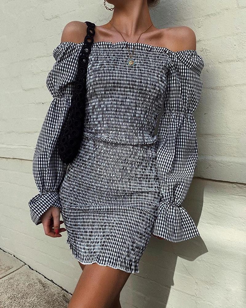 

Off Shoulder Grid Bell Cuff Bodycon Dress, Black