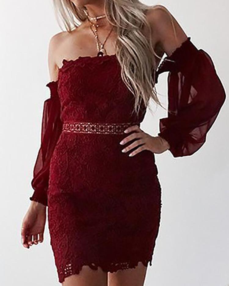 

Off Shoulder Chiffon Puffed Sleeve Lace Bodycon Dress, Red