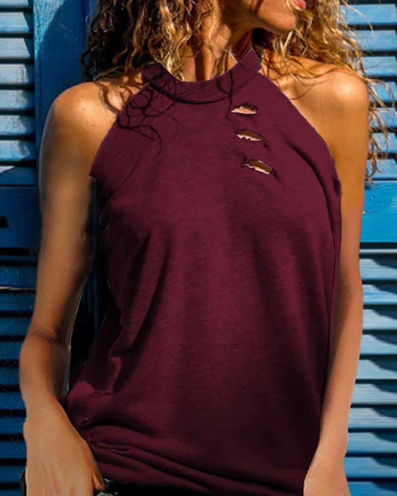 

Ribbed Cutout Sleeveless Casual Top, Wine red