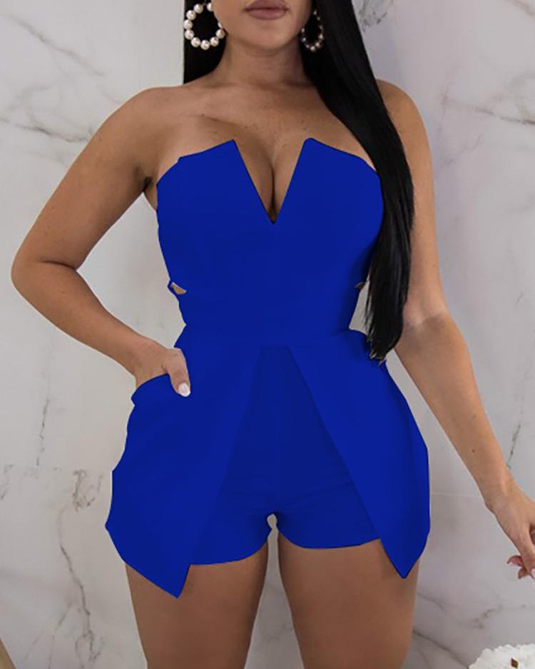 

V Neck Zipper Up Back Tube Romper, Blue