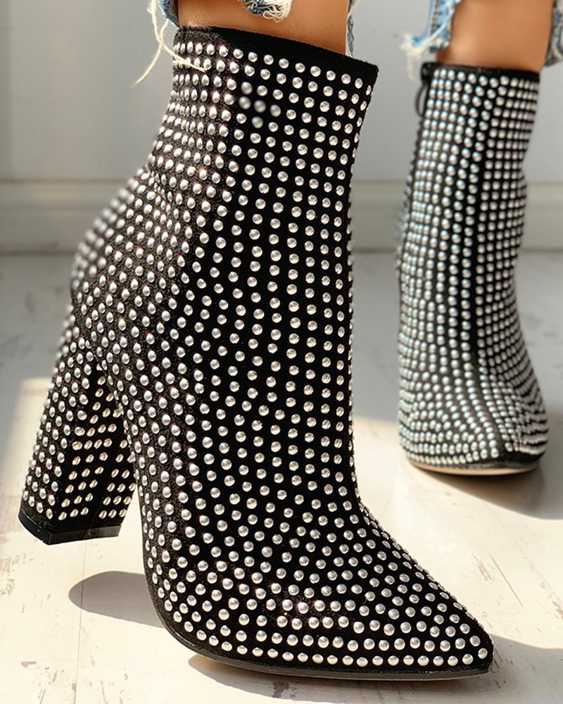 

Dot Studded Pointed Toe Chunky Heeled Boots, Black