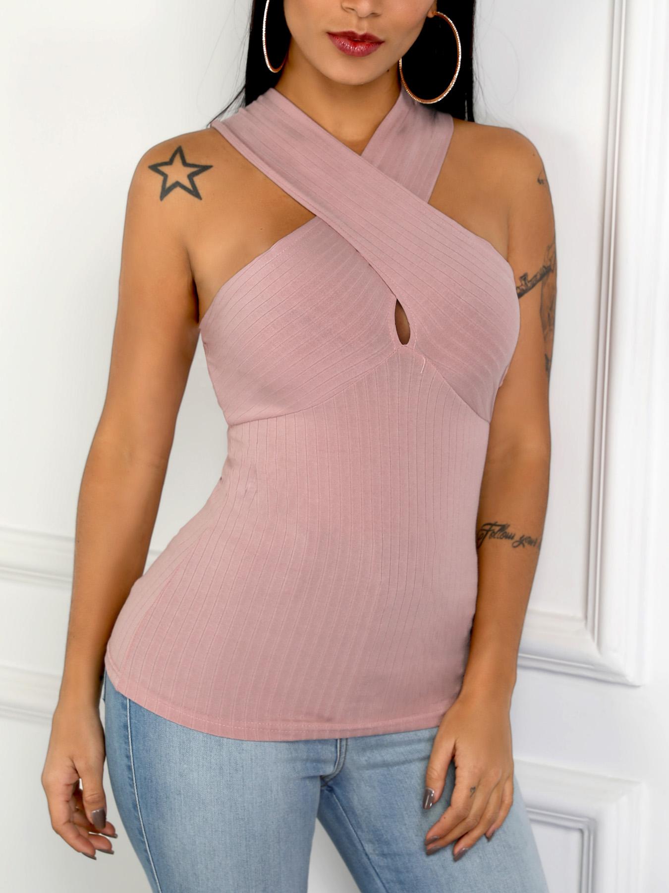

Crisscross Design Short Sleeve Top, Pink