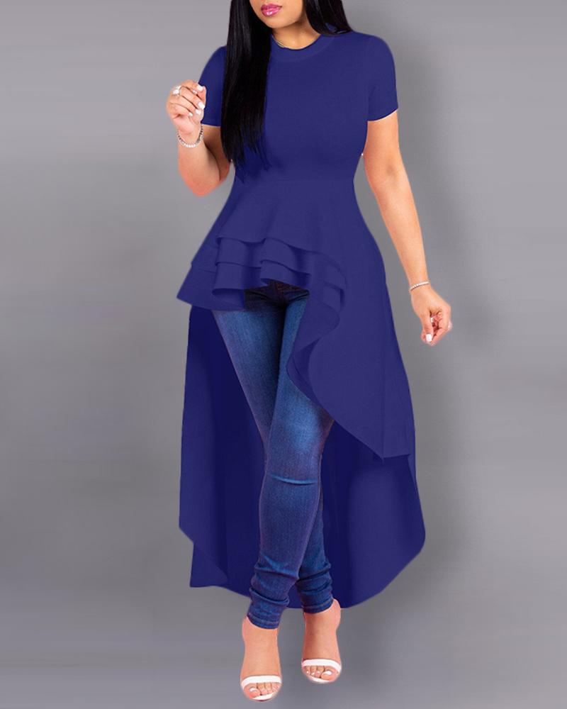 

Solid Dip Hem Ruffles Short Sleeve Blouse, Blue