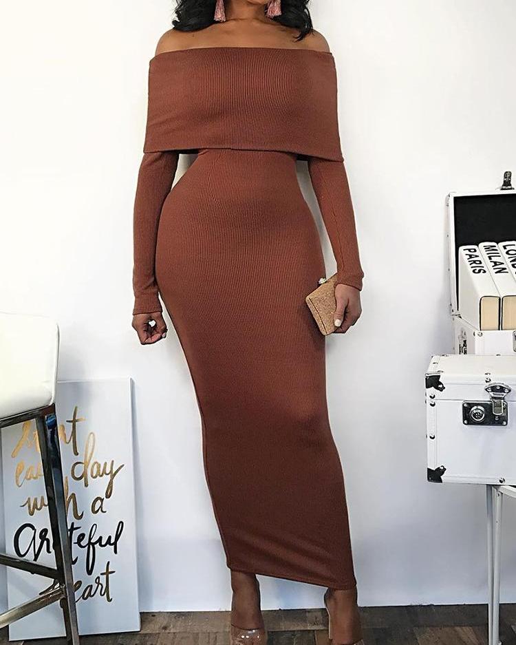 

Fold-Over Off Shoulder Pencil Dress, Brown