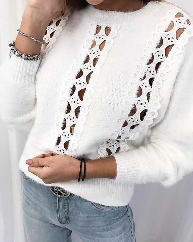 

Cutout Fluffy Casual Long Sleeve Sweater, White