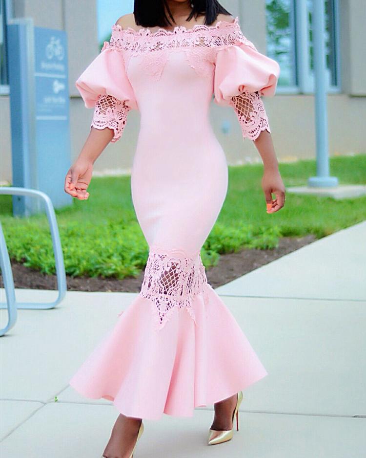 

Crochet Lace Insert Puff Sleeve Fishtail Bodycon Dress