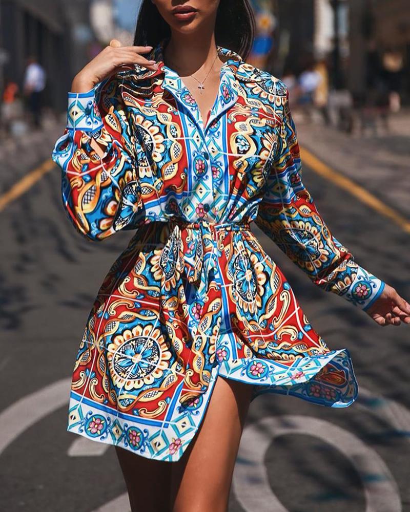 

Lantern Sleeve Ethnic Print Shirt Dress, Blue