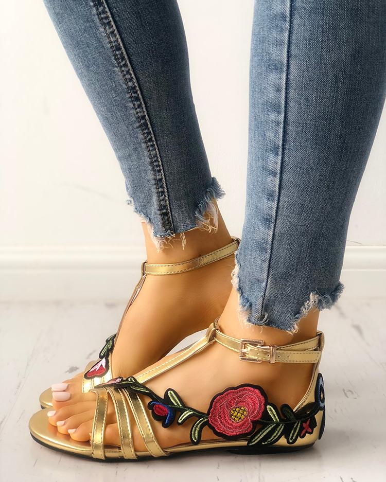 

Rose Embroidered Multi-strap Flat Sandals, Black