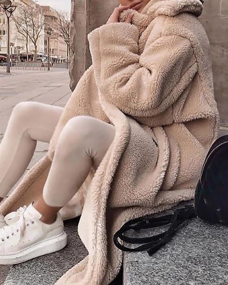 

Solid Long Sleeve Fluffy Casual Longline Coat, Apricot