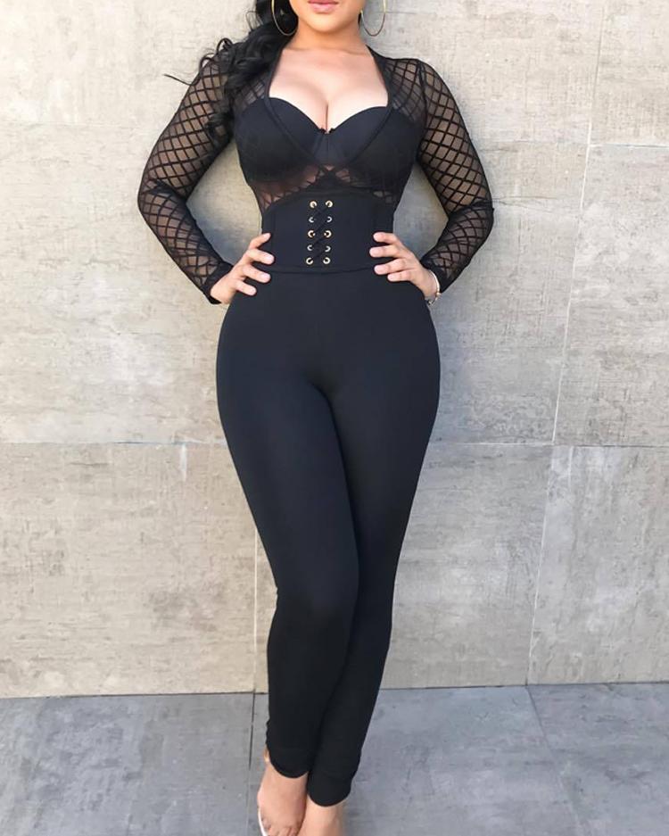 

Mesh Splicing Deep V Lace-up Jumpsuit, Black