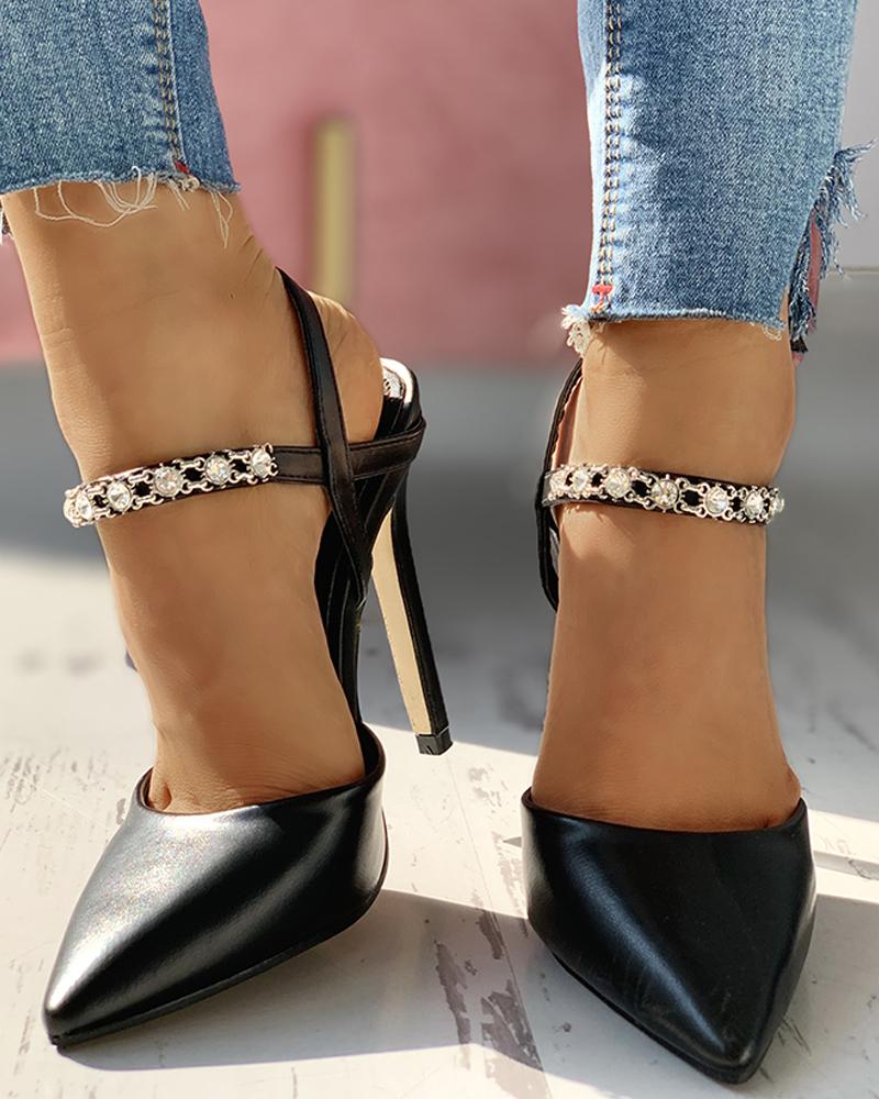 

Pointed Toe Ankle Buckled Studded Thin Heeled Sandals, Black