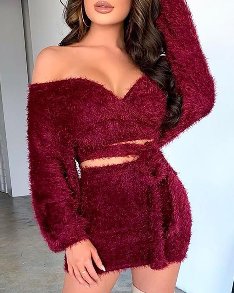 

Fluffy Tied Waist Crop Top & Slinky Mini Skirt, Dark red