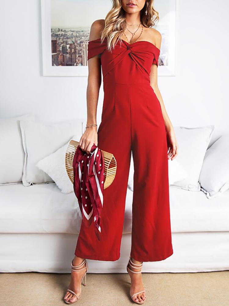 

Solid Off Shoulder Twisted Front Jumpsuit, Wine red;black