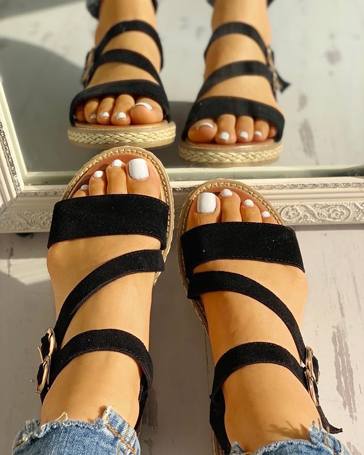 

Buckled Strappy Open Toe Flat Sandals, Black