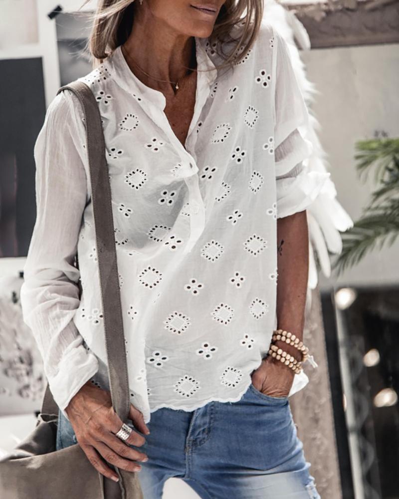 

Eyelet Embroidery Long Sleeve Casual Top, White