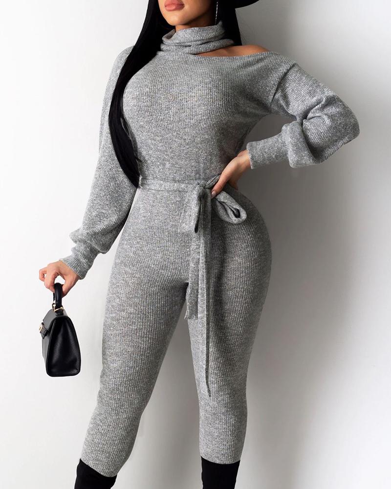 

Heap Neck Cut Out Solid Tied Jumpsuit, Gray