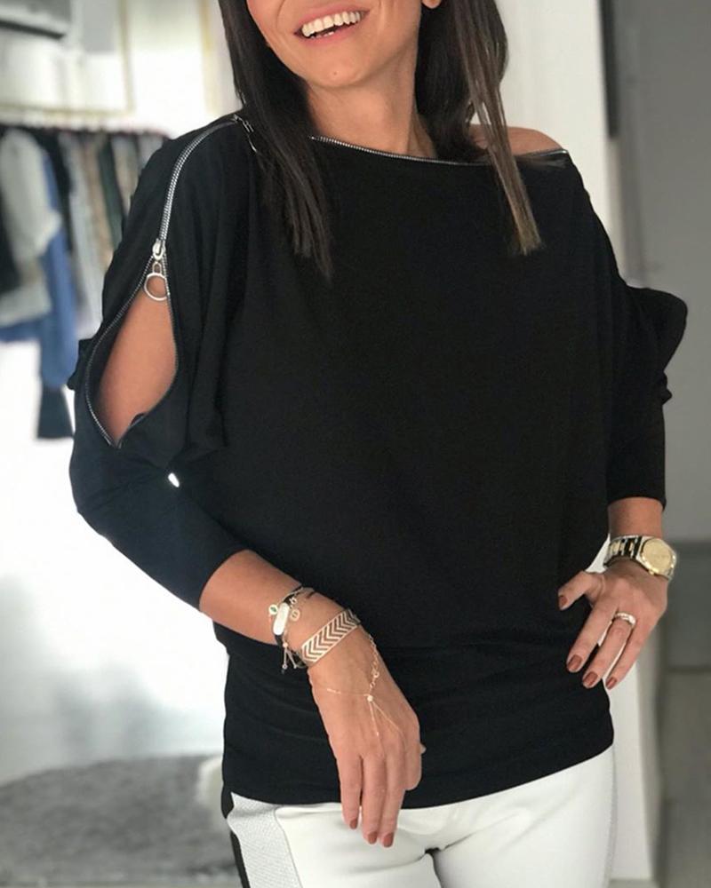 

Cold Shoulder Zipper Design Casual Blouse, Black