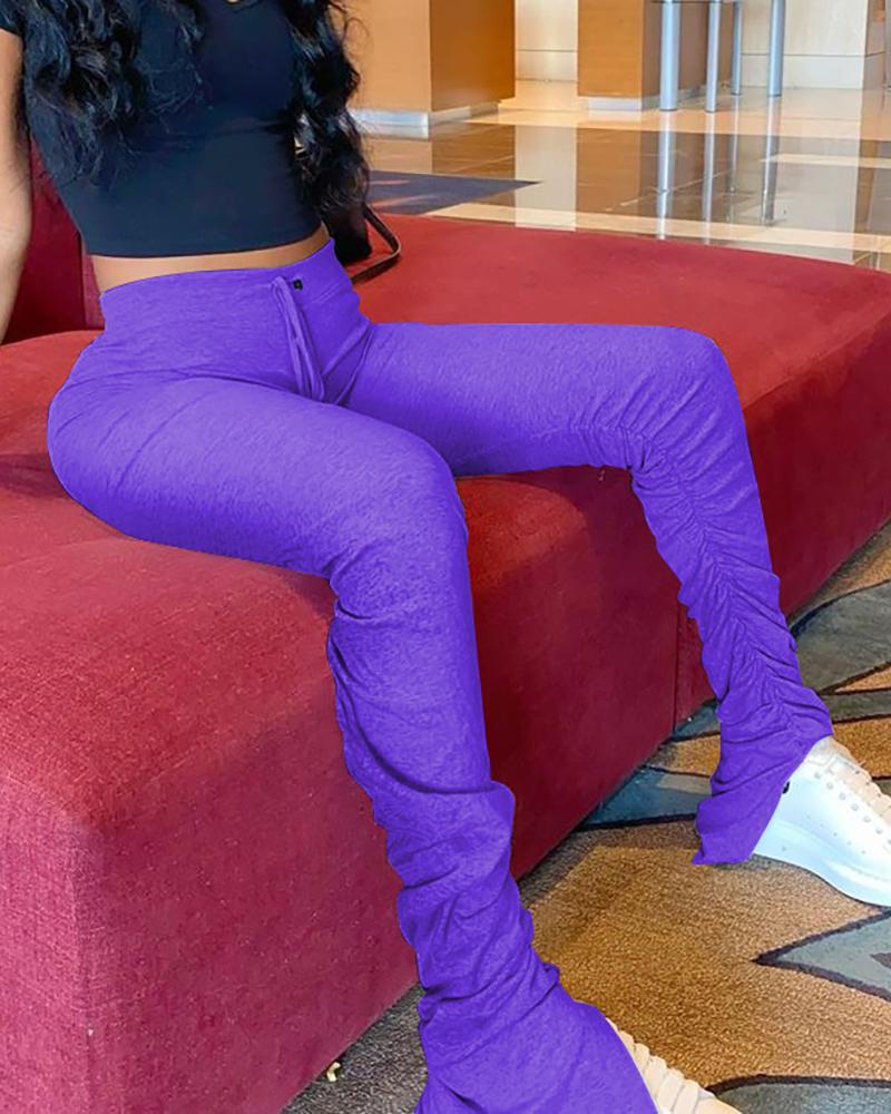 

Solid Drawstring Bell-bottomed Casual Pants, Purple