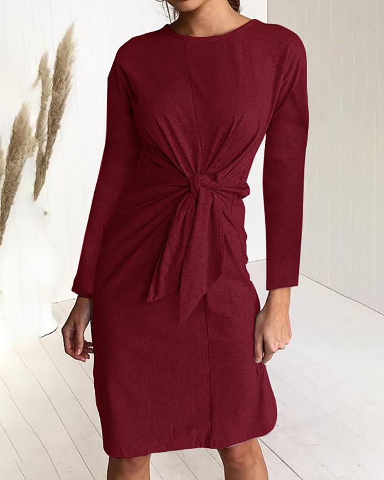 

Solid Long Sleeve Twisted Knot Front Casual Dress, Red