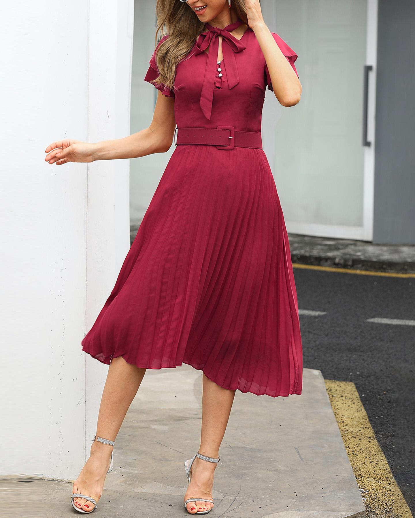 

Flutter Sleeve Tie Neck Pleated Dress With Belt, Wine red