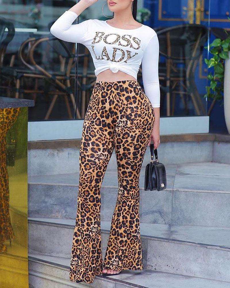 

Cheetah Letter Print Top & High Waist Bootcut Pants Sets, Leopard