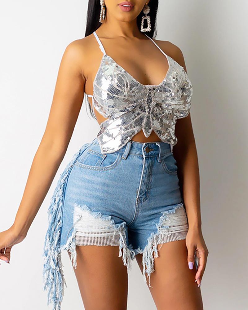 

Pocket Design Tassel Ripped Demin Shorts, Blue