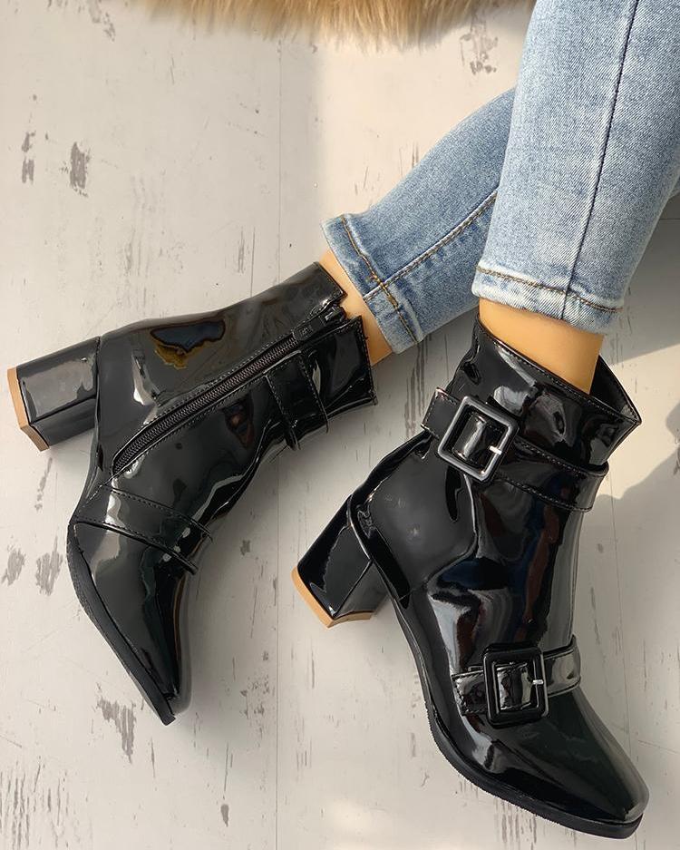 

PU Buckle Design Chunky Heeled Boots