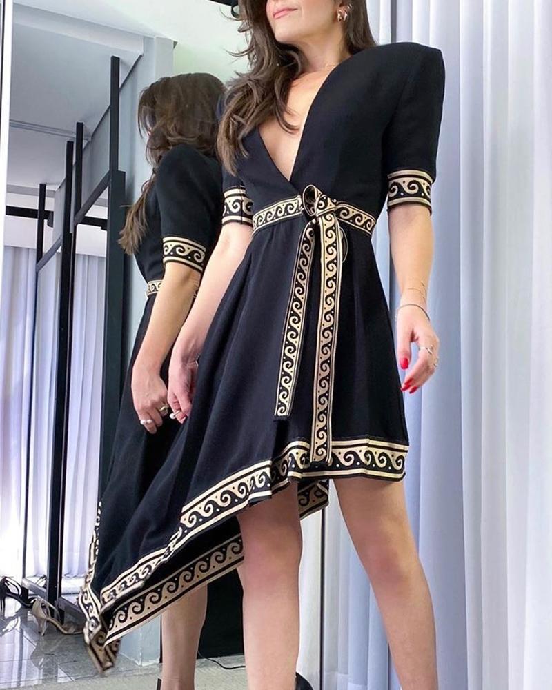 

Plunge Colorblock Tape Asymmetrical Dress, Black