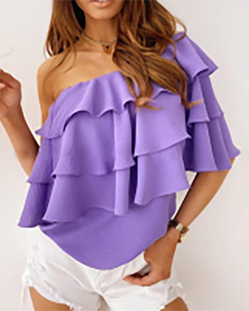 

Ruffles One Shoulder Casual Blouse, Purple