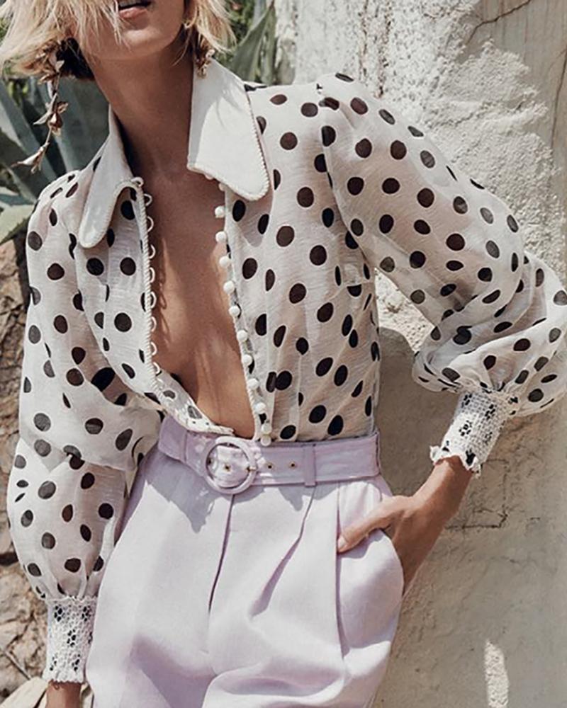 

Polka Dot Print Lantern Sleeve Shirt, White